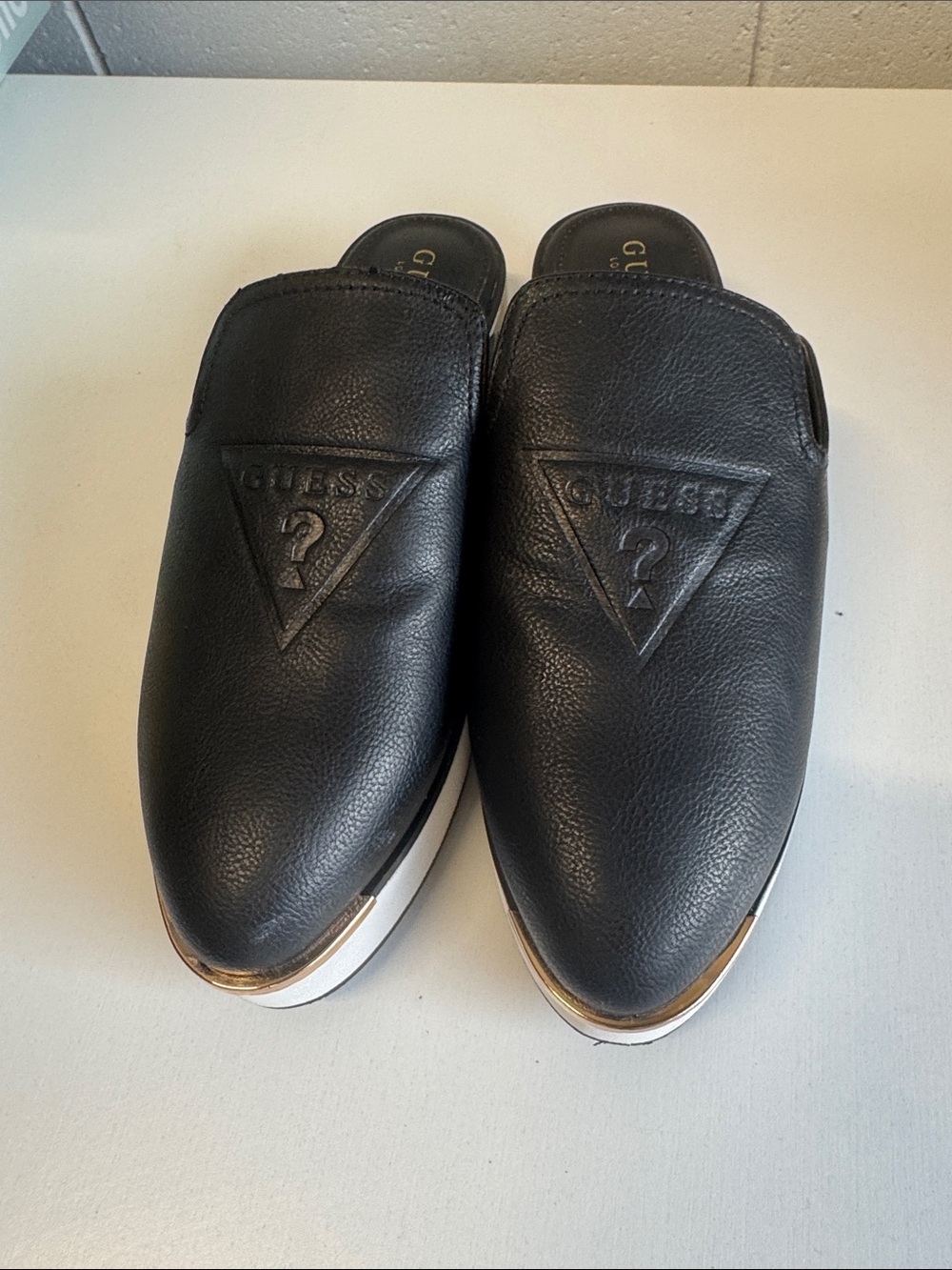 Guess Black Leather Slip-On Loafers with Gold Trim